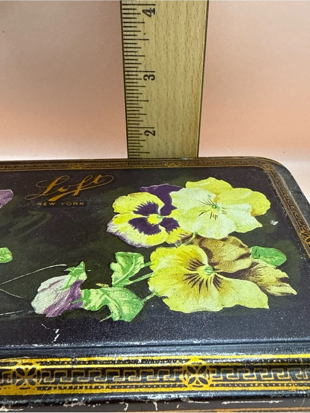 Antique Advertisement Tin Chocolate Candy Box Pansy Flowers LOFT NY Flip Top Lid
